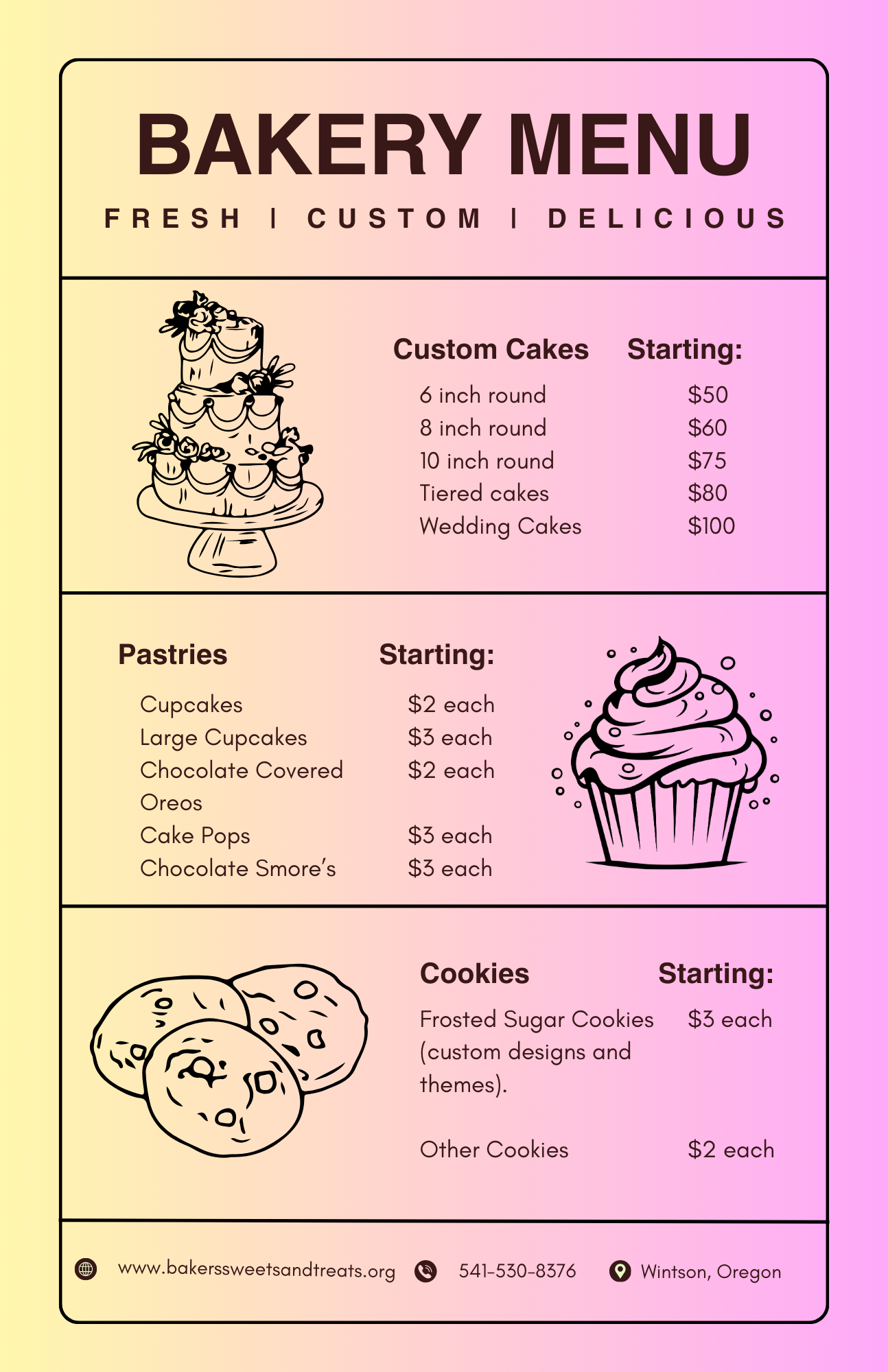 Bakers Sweets and Treats, menu